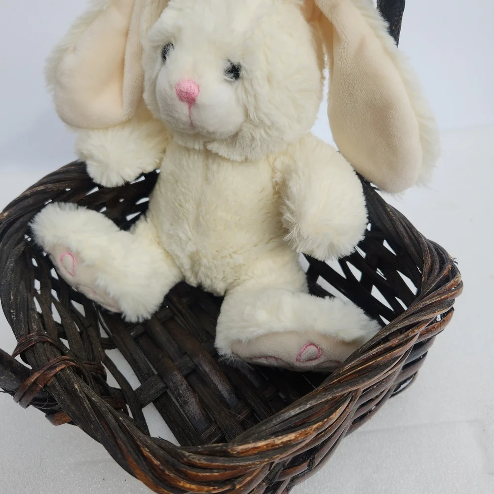 Classic White Furry Easter Bunny in Vintage Woven Basket